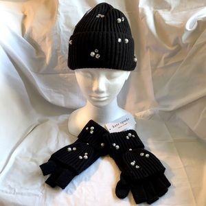 Kate Spade Fingerless Mitten hat pearl and crystal